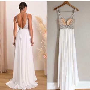 Lulu's White and Silver Backless Dress